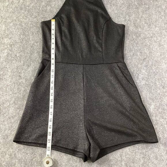 One Clothing Shimmer Sparkle Black Short Sleeveless Halter Romper Pockets Size L - Picture 11 of 14
